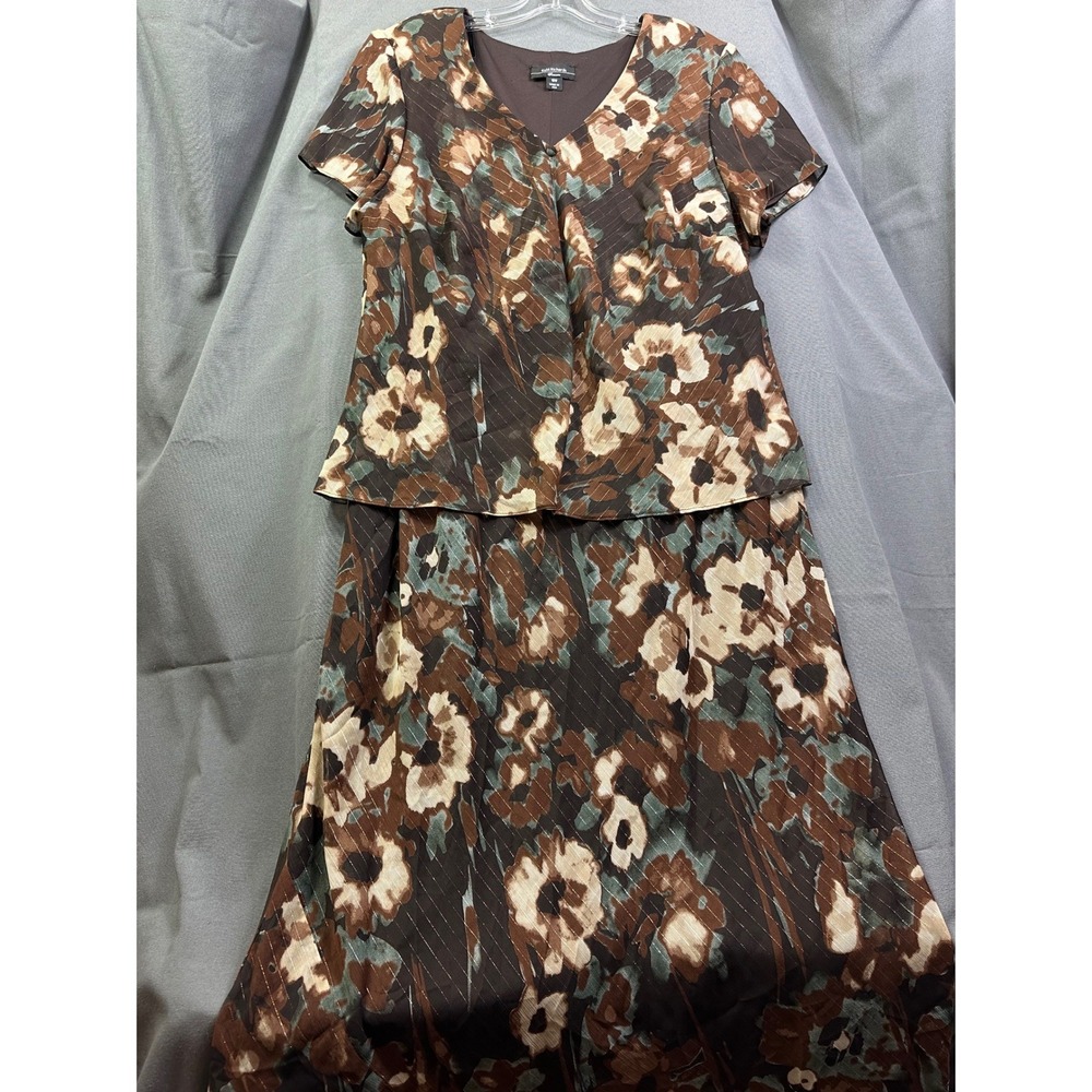 R&M Richards Brown Floral Metallic Stripe Mock‎ one Piece Maxi Dress 18W Women's